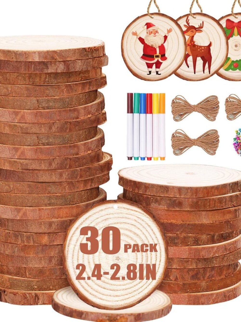 Natural Wood Slices for Crafts Christmas Ornament, 30PCS 3.1-3.5''